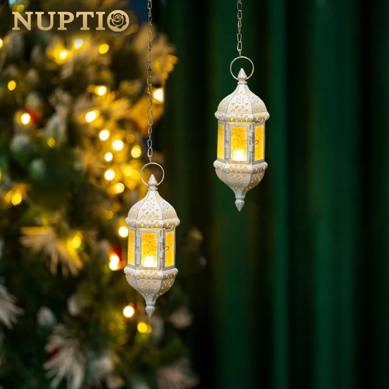 NUPTIO 2 Pcs Moroccan Lantern Metalwork Hanging Tealight Candle Holder Metal Glass Indoor Outdoor Battery Operated LED Flameless with 35cm Chain, White - Image 2